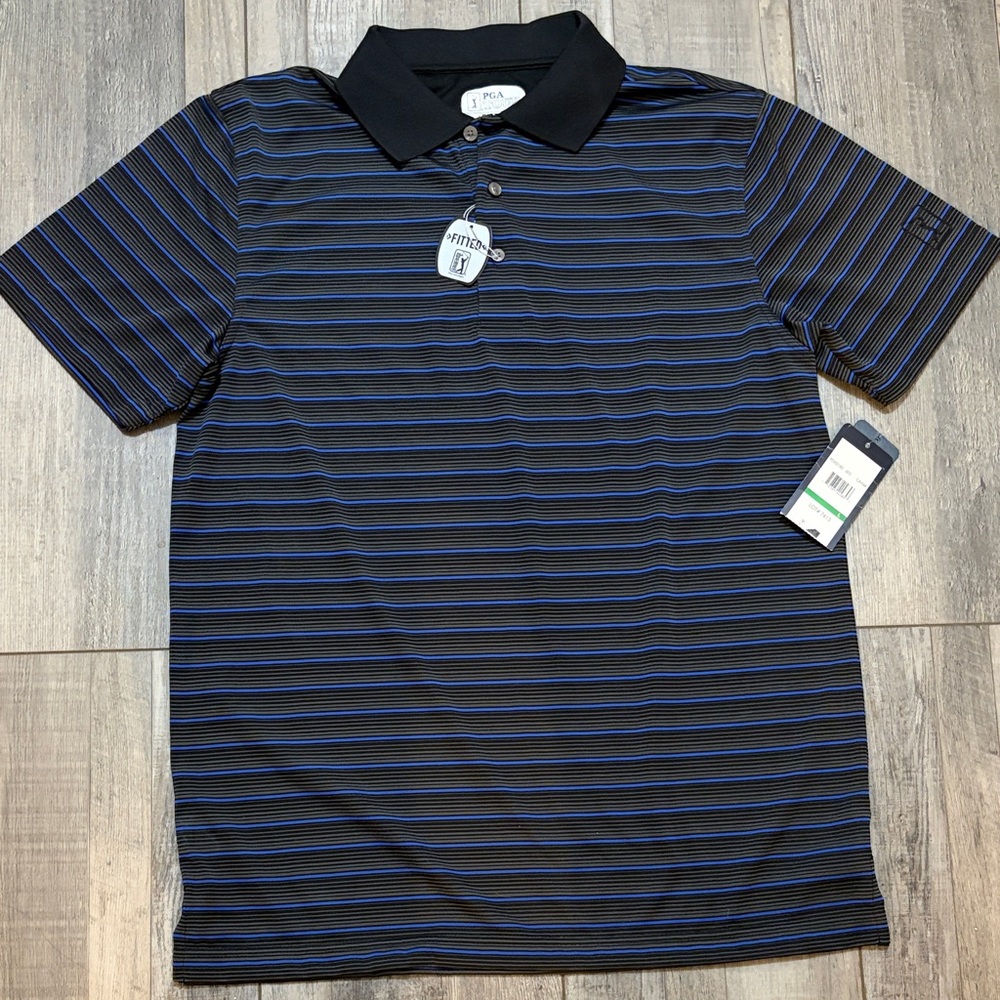 PGA Tour Black and Blue Striped Polo Shirt